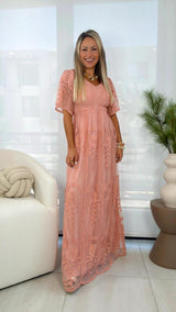 7022 Smocked  top lace maxi dress