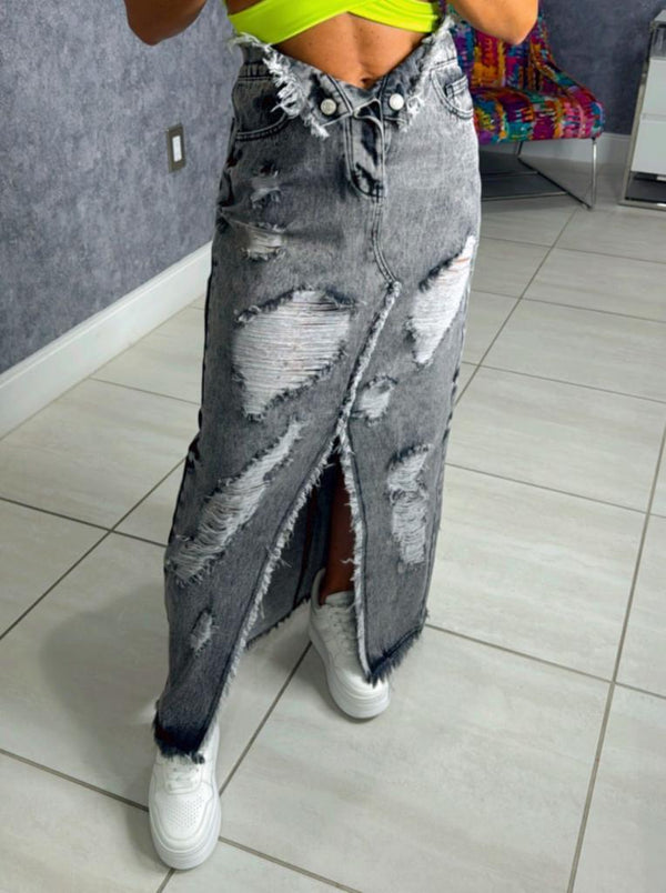 7647 Fold over washed denim maxi skirt