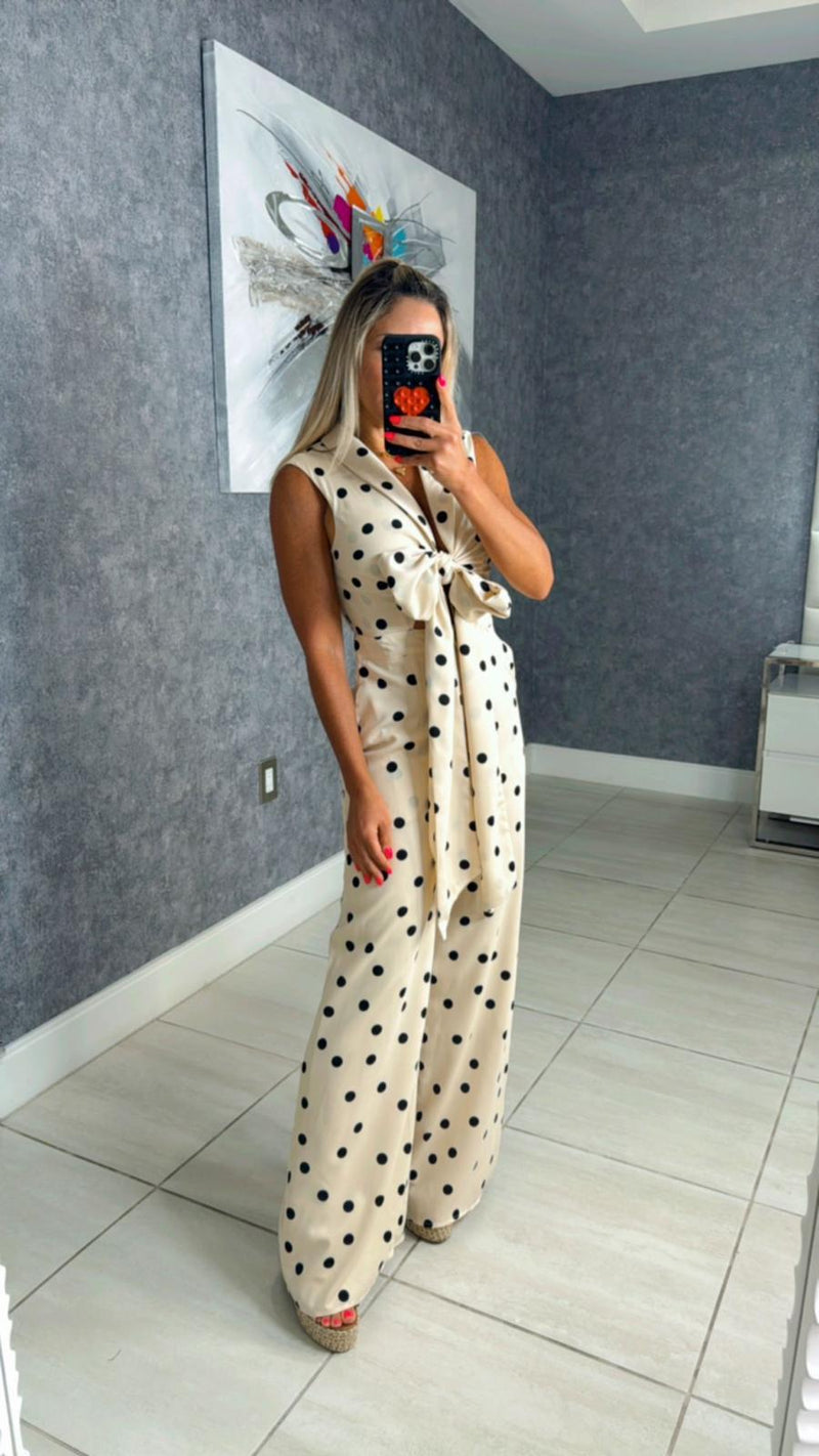 2709 Polka dots jumpsuit front tie