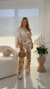 6399 Printed satin top and pants set