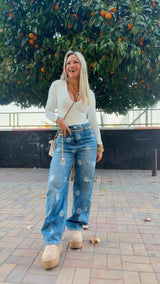 8931 Barrel polka dot denim pants