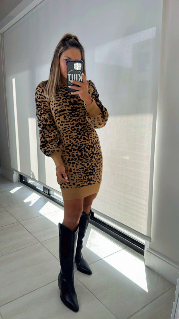 2016 Animal print bell sleeve knit dress