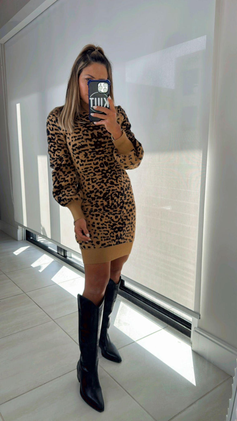 2016 Animal print bell sleeve knit dress