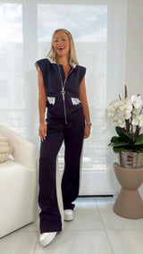 9012 Sleeveless hoodie top and pants set