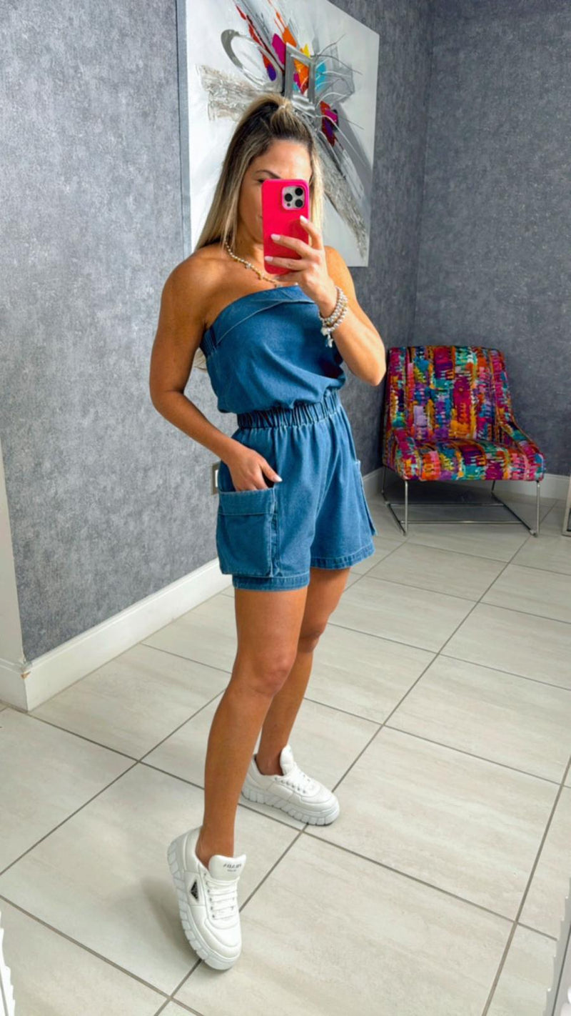 8414 Washed denim romper with strapless neckline