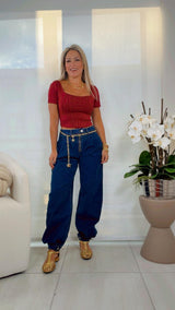 1002  High waisted pleated denim pants