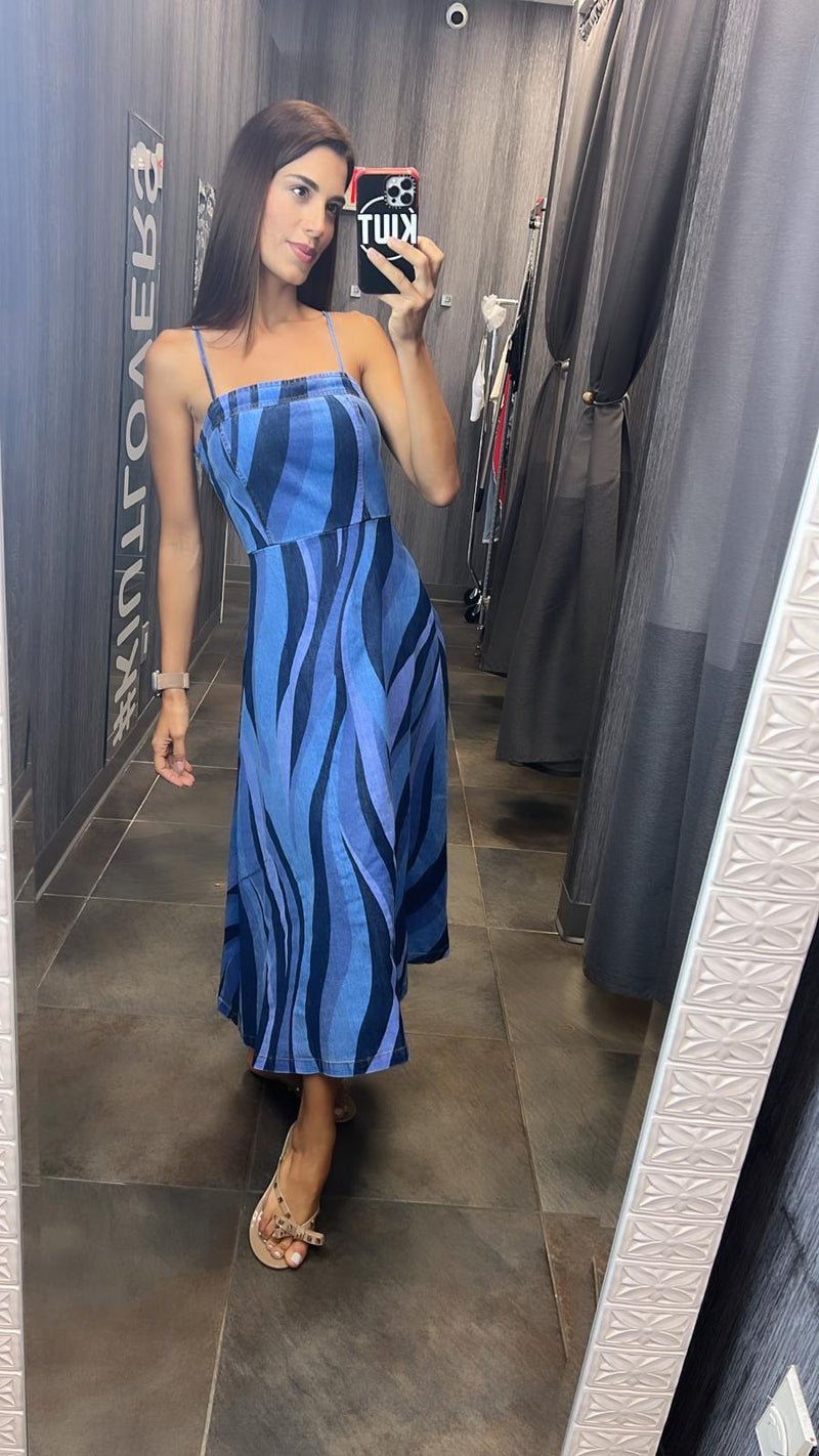 1298 Printed washed denim midi dress