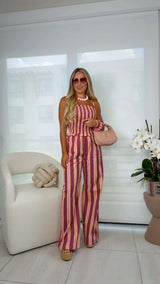 5854 Stripe peplum top and pants set