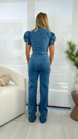 1003 Puff shoulder denim jumpsuit