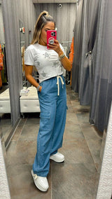 0045 Denim wide leg cargo style pants