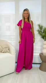 7265 One shoulder smocked top woven jumpsuit