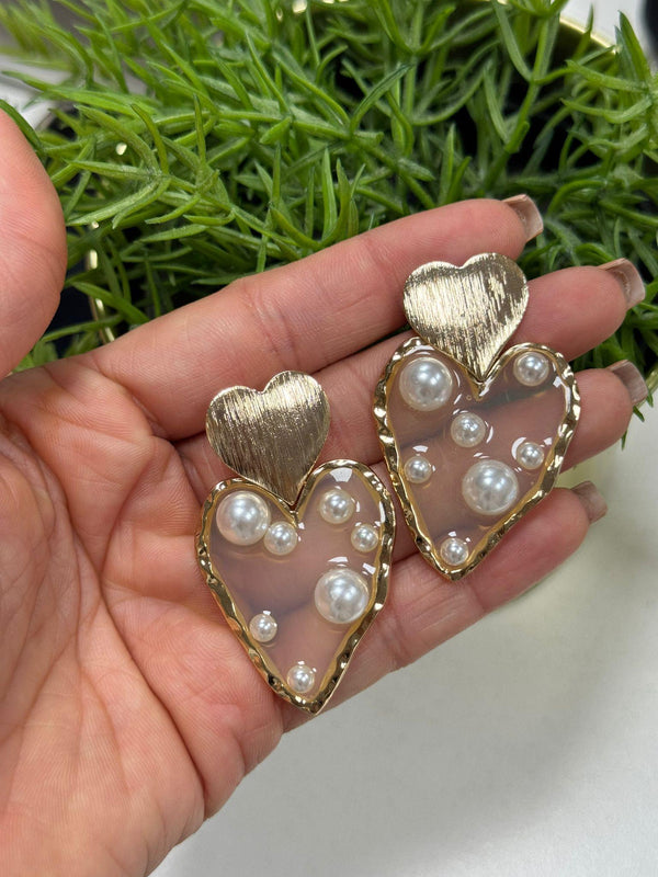 DL10 Corazon clear con perlas aretes