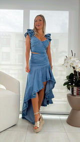 6325 Denim top and high-low hem maxi skirt set