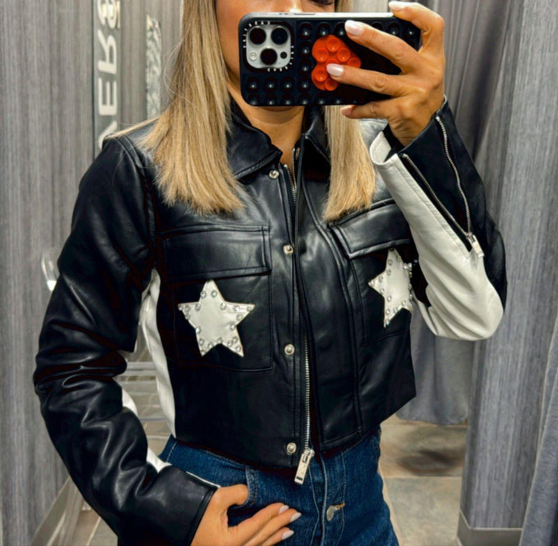 8029 Faux leather star crop jacket