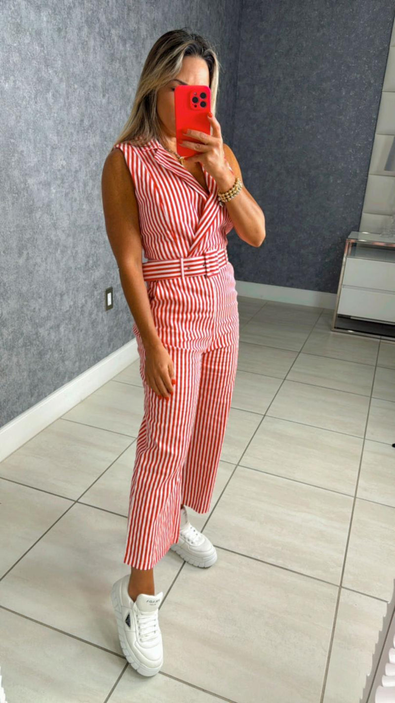 8932 Striped belted jumpsuit with pockets