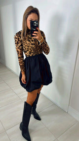 6575 Bubble hem leopard mesh mini dress