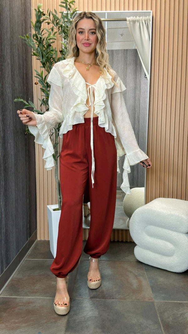 M098 Floral crinkle ruffle tie front top