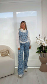 2291 Embroidery denim top and pants set