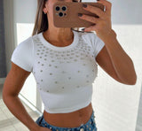 4027 Rhinestone shor sleeve rib tee top