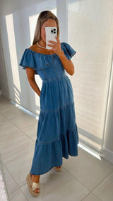 0581 Denim dress off shoulder neckline
