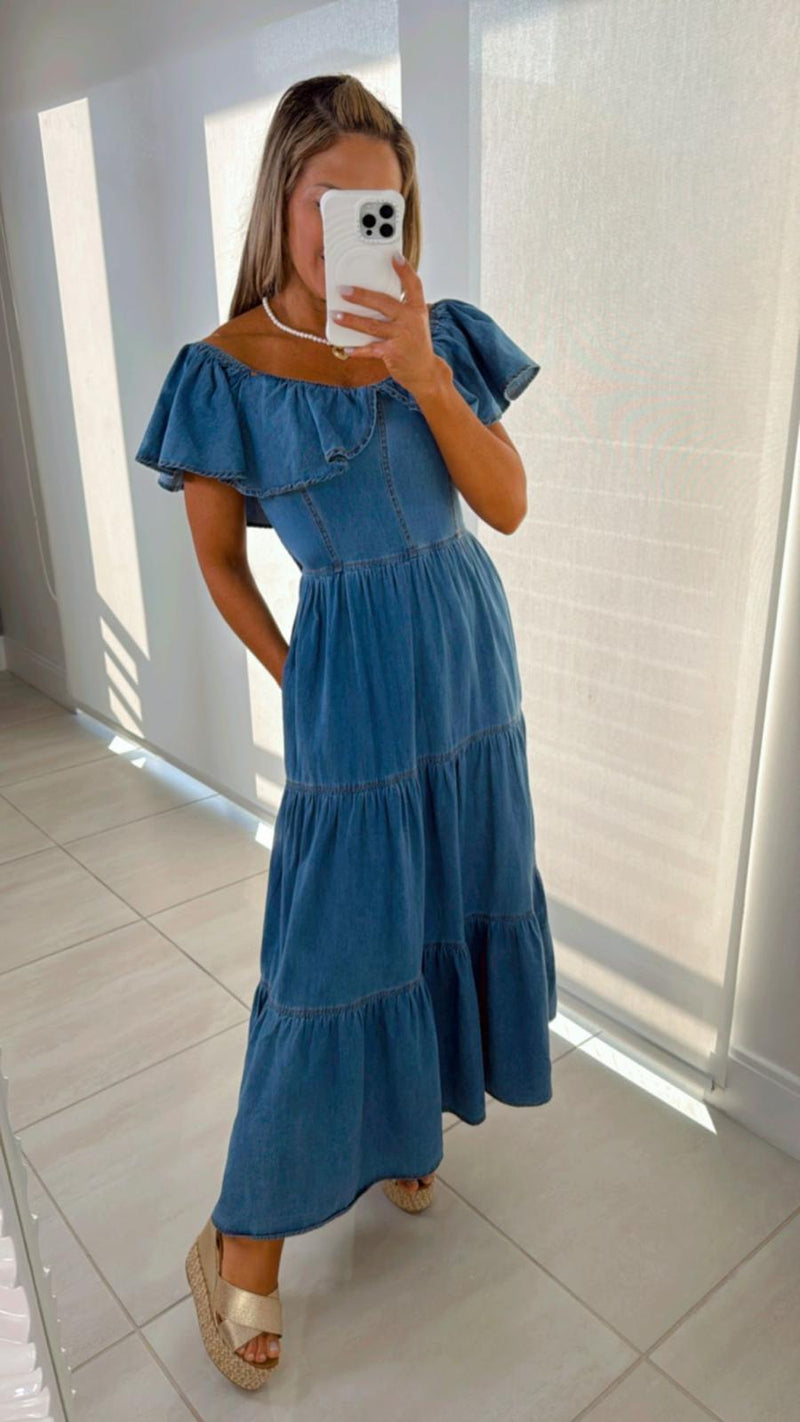0581 Denim dress off shoulder neckline