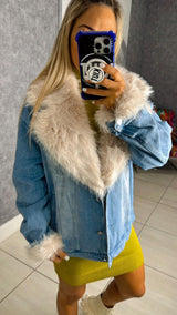 7576 Fur collard cuff over sized denim jacket