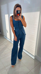 6026 Denim square neck top and high rise pants set