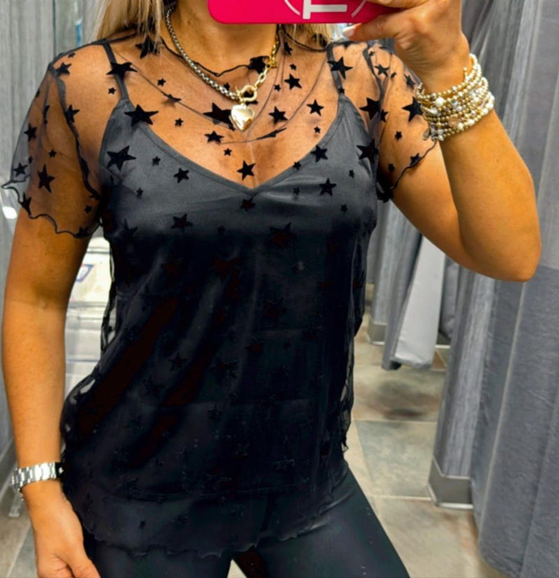 8023 Velvet star detail mesh top with cami insert