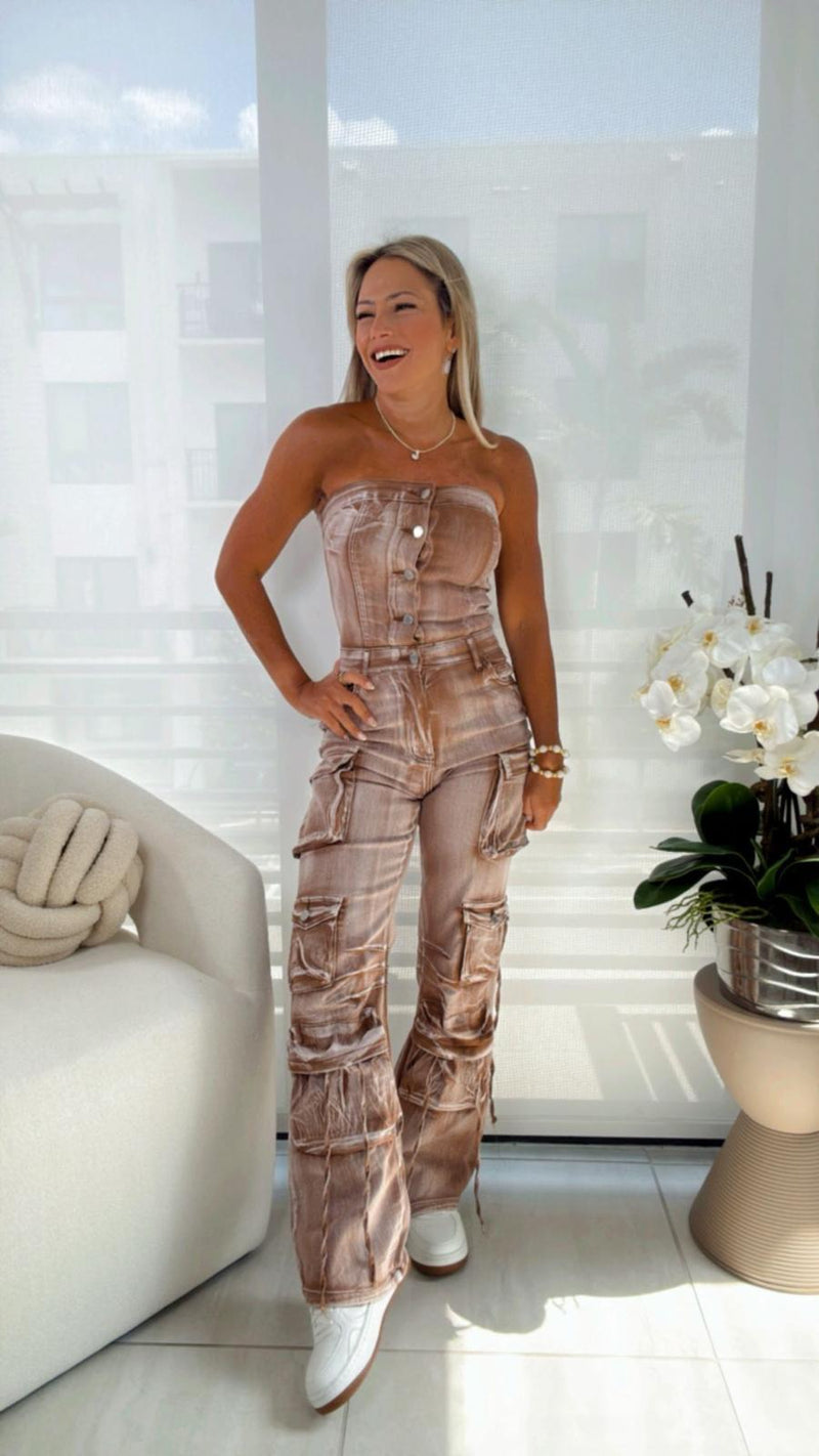 0908 Strapless cargo jumpsuit