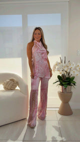6390 Satin top and wide leg pants