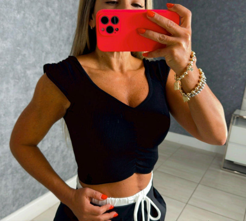 2085 Ribbed short vneck shirred detail crop top