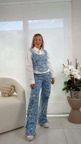 2291 Embroidery denim top and pants set