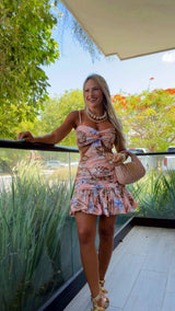 0414 Drapped flower print mini dress