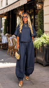4732 Denim cape sleeve belted top and jogger set