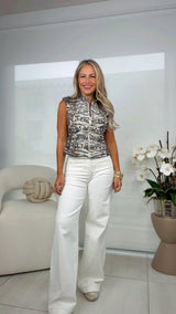 0068 High rise wide leg printed waistband pants