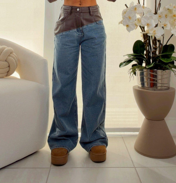 8922 Contrast waist leather denim pants