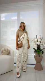 6126 Cut out embroidered overall jumpsuit