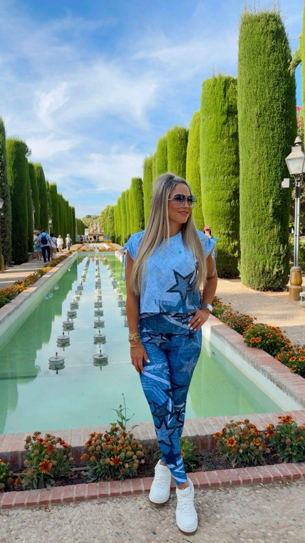 1701 Denim star printed top and leggings set KIUT