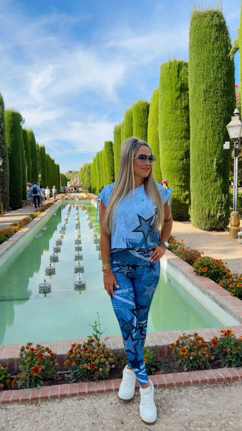1701 Denim star printed top and leggings set KIUT