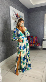 3345 Long sleeve pleated maxi dress