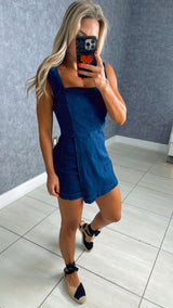 8457 Denim skort romper with square neckline