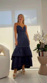 1846 Denim midi dress double layer ruffled