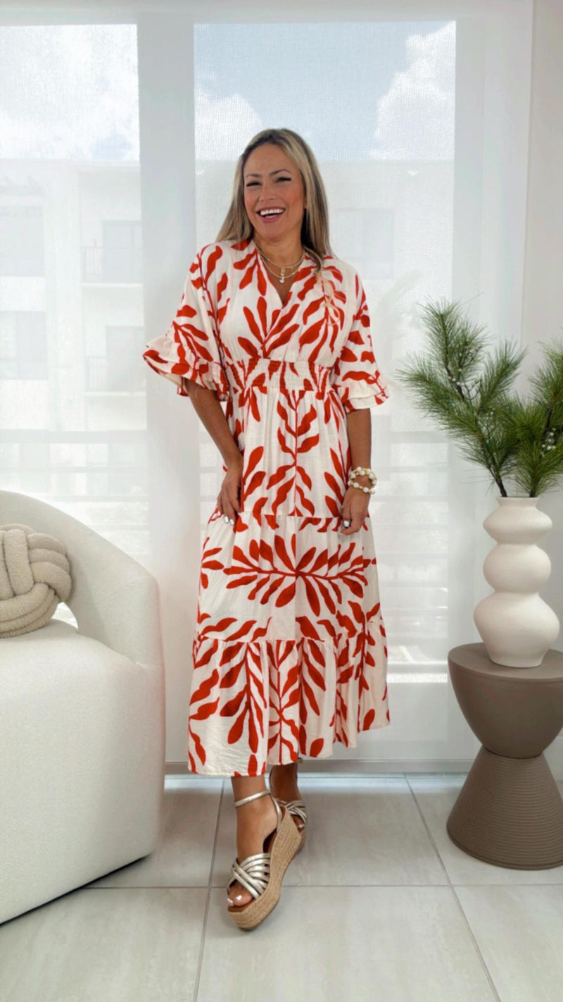 7019 Printed V-neck woven midi dress