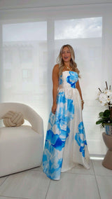 3041 Printed woven strapless maxi dress