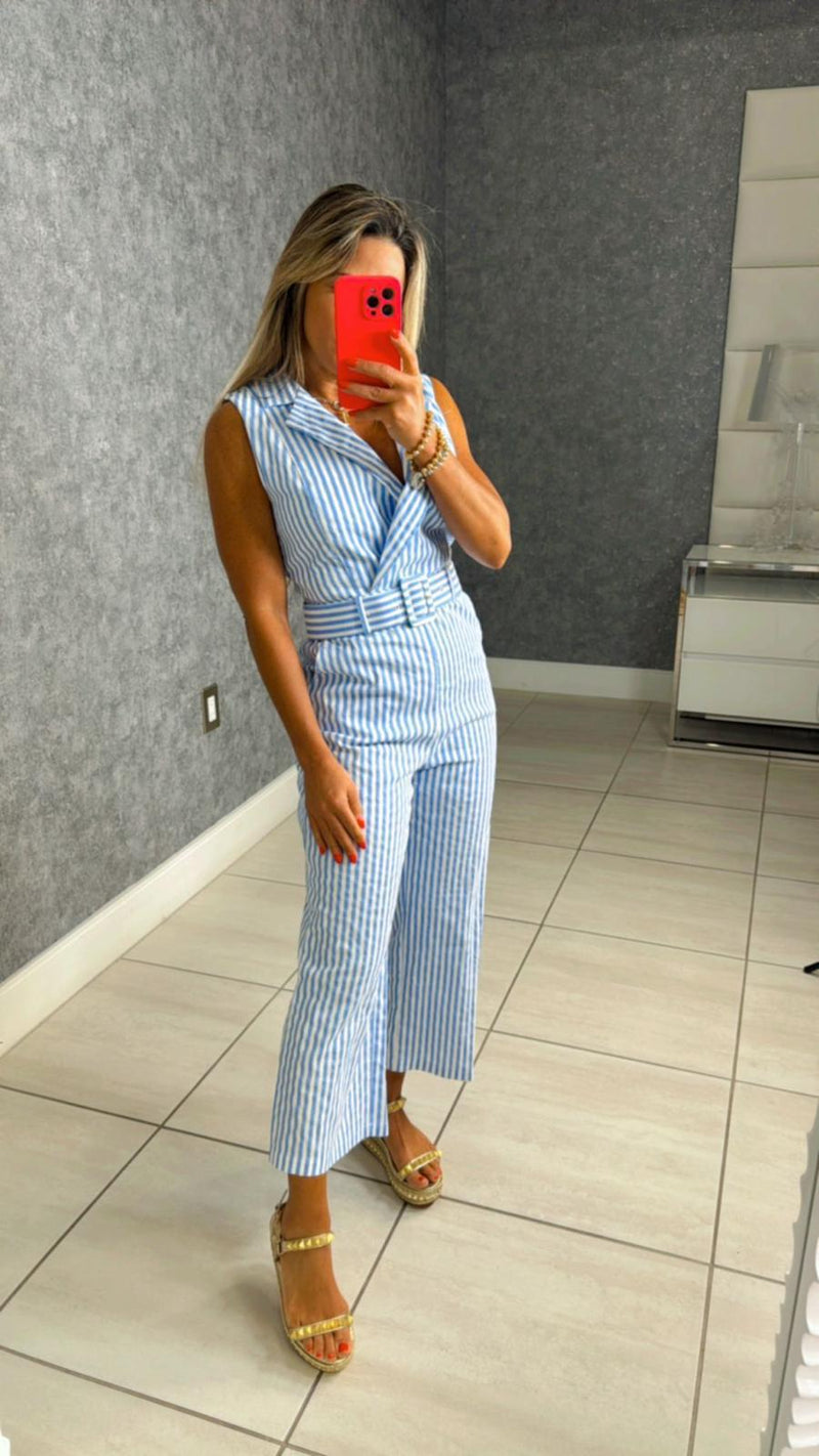 8932 Striped belted jumpsuit with pockets