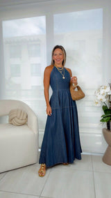 3399 Denim halter neck maxi dress