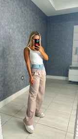 8673 Double waisted striped pants