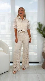 8701 Crochet and pearl top and pants set