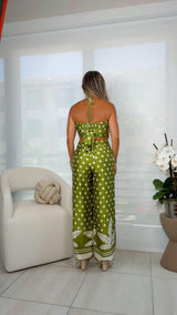7284 Border printed halter top and pants set