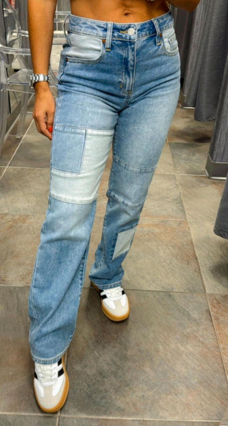 2682 High rise color blocking wide straight jeans